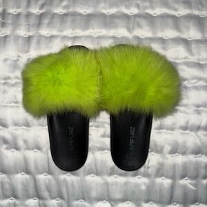 Fluffy Neon Green Slides